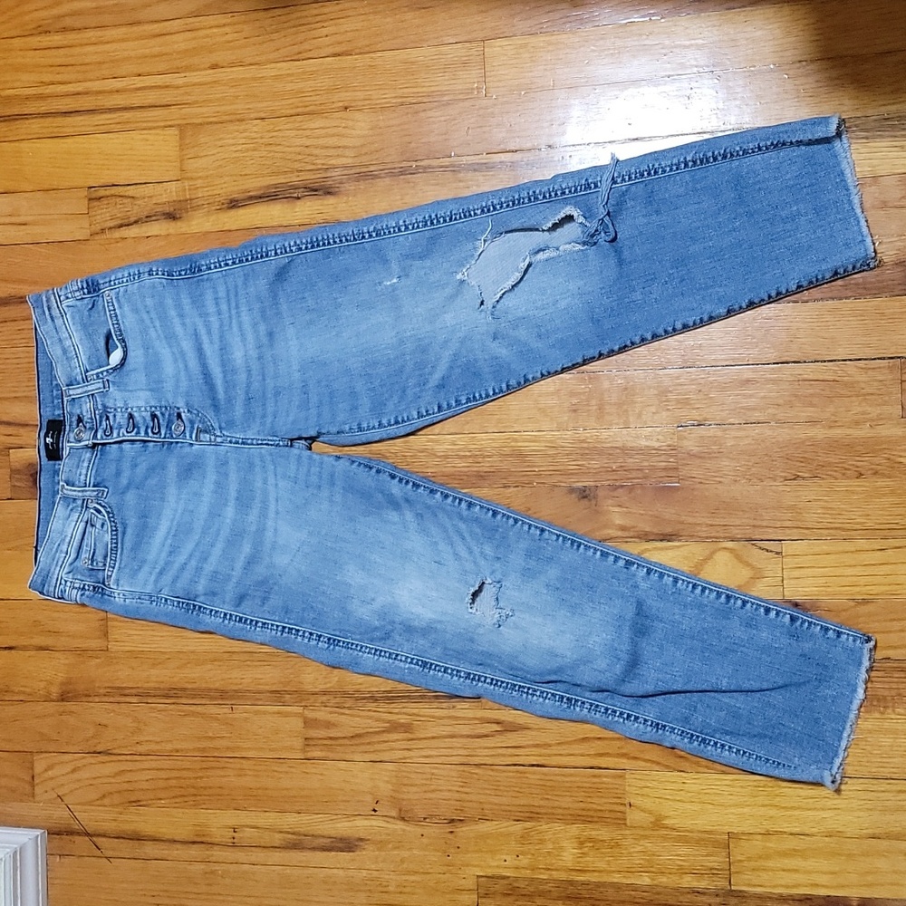 7 for all mankind high waist distressed cropped straight light blue jeans s 27